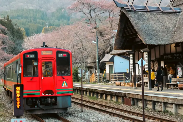 Mesmerized By The Timeless Charm Of A Train Station Immersed In Cherry Blossoms